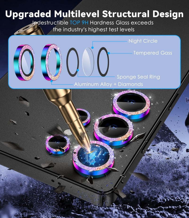 CloudValley for Samsung Galaxy S25 Ultra Camera Lens Protector Bling, 9H Tempered Glass + Aluminum Alloy Lens Protective Ring [Glitter Decoration] Ultra-HD Tempered Glass Cover,Glitter Titanium Colorful - Image 2