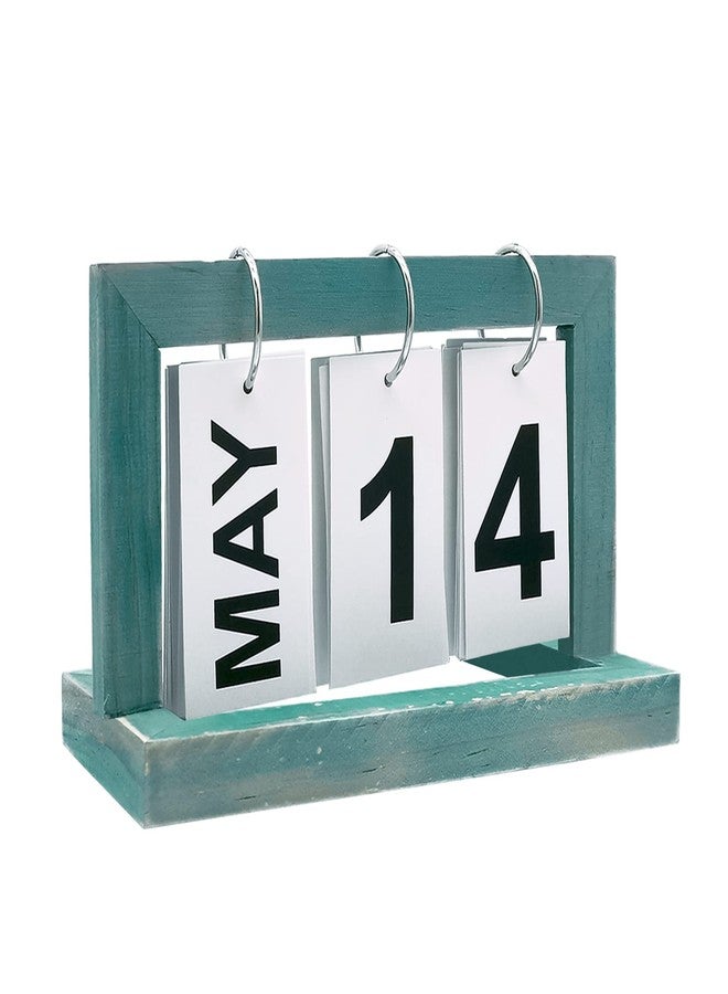 DIYOMR Classic Standing Flip Calendar Wooden Perpetual Calendar, Retro Wood Flip Desk Calendar for Home Office Daily Use Desktop Decor (Light Blue) - Image 1