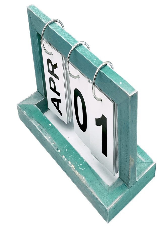 DIYOMR Classic Standing Flip Calendar Wooden Perpetual Calendar, Retro Wood Flip Desk Calendar for Home Office Daily Use Desktop Decor (Light Blue) - Image 2