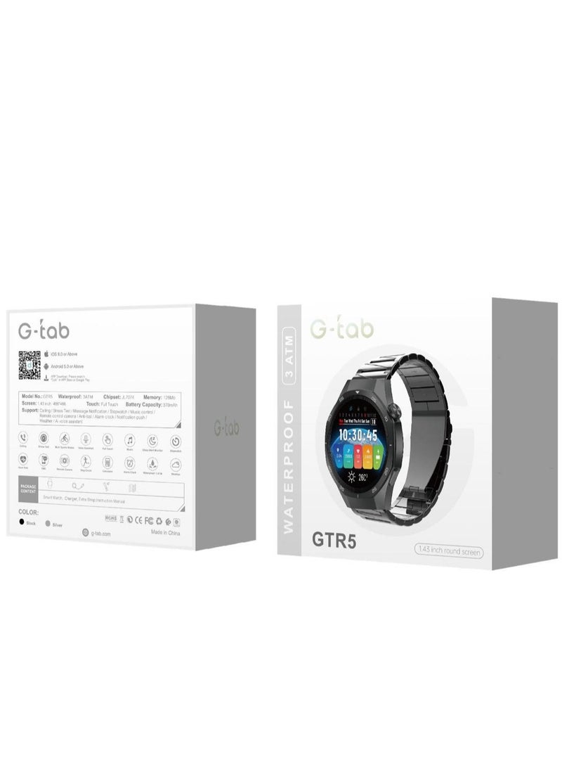 G-TAB GTR5 Smartwatch – 1.43'' HD Round Display, Bluetooth Calling, Multi-Sport Modes, Fitness & Health Tracker, Waterproof Smart Watch for Men & Women