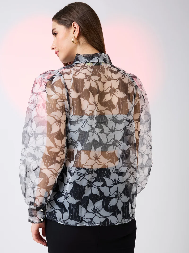 globus Women Collared Neck Cuffed Sleeves Floral Print Organza Shirt Style Party Top