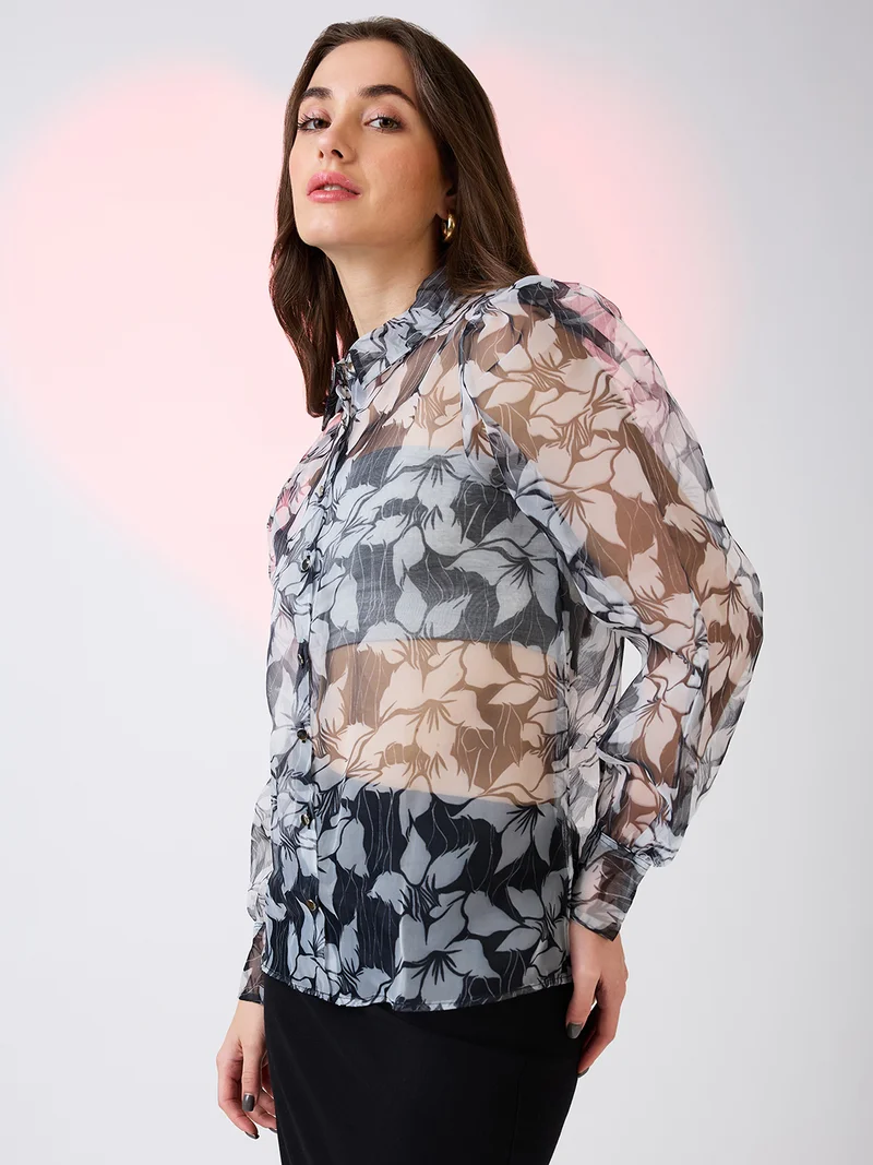 globus Women Collared Neck Cuffed Sleeves Floral Print Organza Shirt Style Party Top