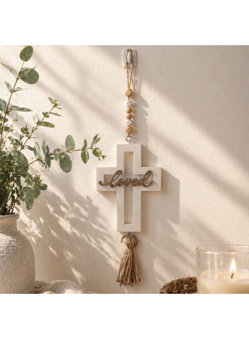 Wooden Cross Wall Hanging Decor with "Loved" Engraving, Natural Beads & Tassel