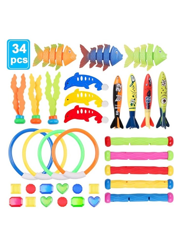كتيكيوت 34 قطعة من ألعاب السباحة والغوص للأطفال، ألعاب تدريب السباحة والغوص تحت الماء، تتضمن 5 عصي غوص و4 حلقات غوص و4 طوربيدات و3 أعشاب بحرية و3 دلافين و3 أسماك و12 حجرًا كريمًا - Image 1