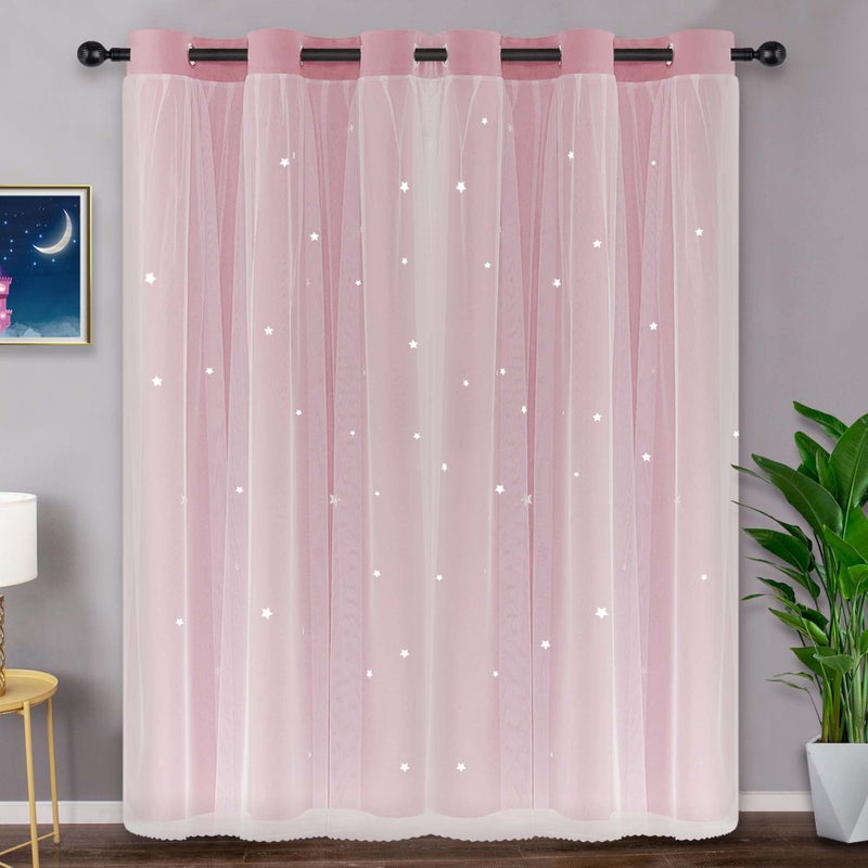 Kinryb Star Cut Out Decorative Kids Curtains for Girls Bedroom 2 Layer Thermal Insulated Curtains for Nursery Grommet Window Drapes for Living Room/Bedroom 2 Piece with Tiebacks Pink 42W x 72L - Image 2