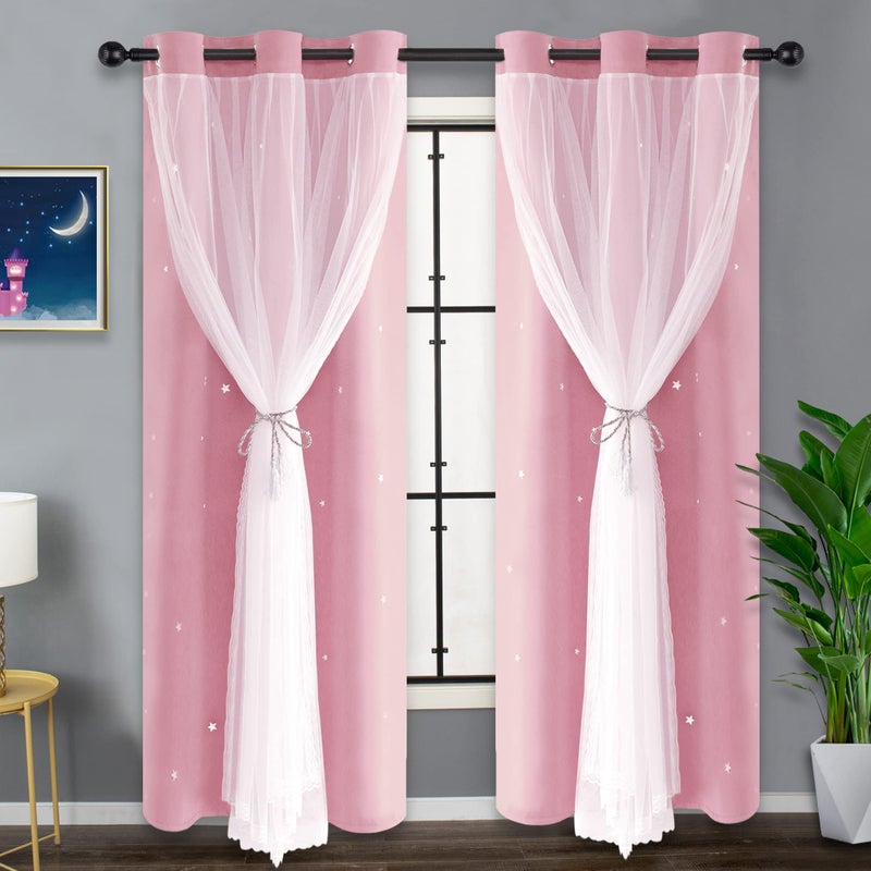 Kinryb Star Cut Out Decorative Kids Curtains for Girls Bedroom 2 Layer Thermal Insulated Curtains for Nursery Grommet Window Drapes for Living Room/Bedroom 2 Piece with Tiebacks Pink 42W x 72L - Image 1
