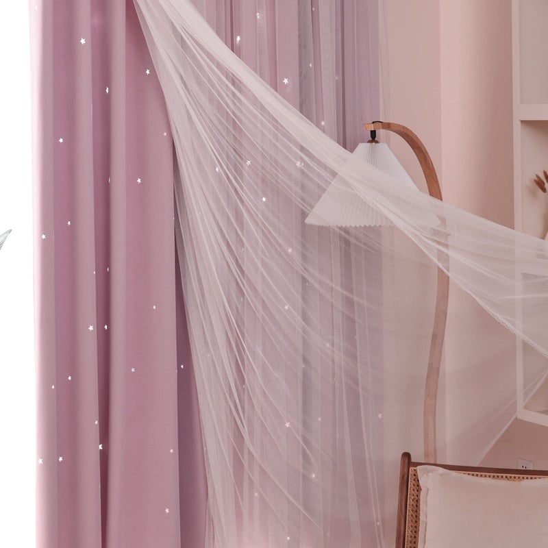 Kinryb Star Cut Out Decorative Kids Curtains for Girls Bedroom 2 Layer Thermal Insulated Curtains for Nursery Grommet Window Drapes for Living Room/Bedroom 2 Piece with Tiebacks Pink 42W x 72L - Image 3