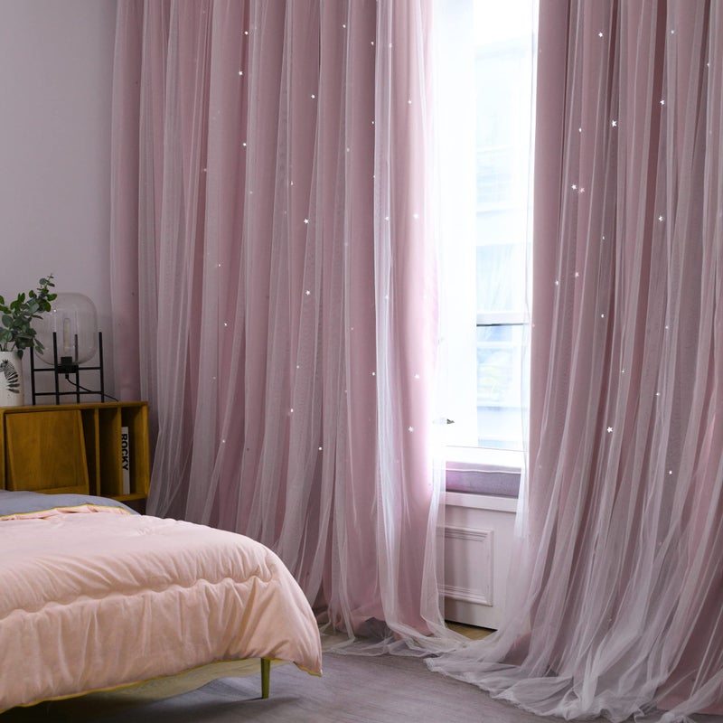 Kinryb Star Cut Out Decorative Kids Curtains for Girls Bedroom 2 Layer Thermal Insulated Curtains for Nursery Grommet Window Drapes for Living Room/Bedroom 2 Piece with Tiebacks Pink 42W x 72L - Image 4