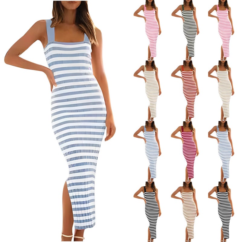 Women's Sleeveless Striped High Waist Bodycon Long Dress - Image 1