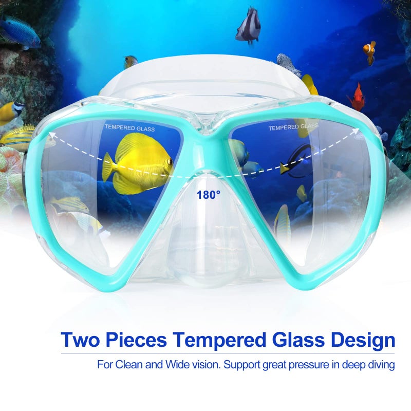 EXP VISION قناع الغوص تحت الماء بانورامي HD، نظارات الغوص المضادة للضباب، قناع زجاجي مقسى للغوص للبالغين والشباب مع غطاء للأنف للغوص، الغطس، السباحة (أخضر بحيرة) - Image 3