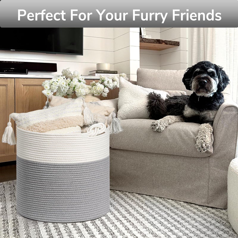 Goodpick Cotton Rope Storage Basket, 15 x 14.2 Inches Baby Laundry Baskets for Clothes, Toy Storage Blanket Basket With Handles for Living Room, Small Woven Baskets for Organizing Home DÃ©cor, Grey - Image 5