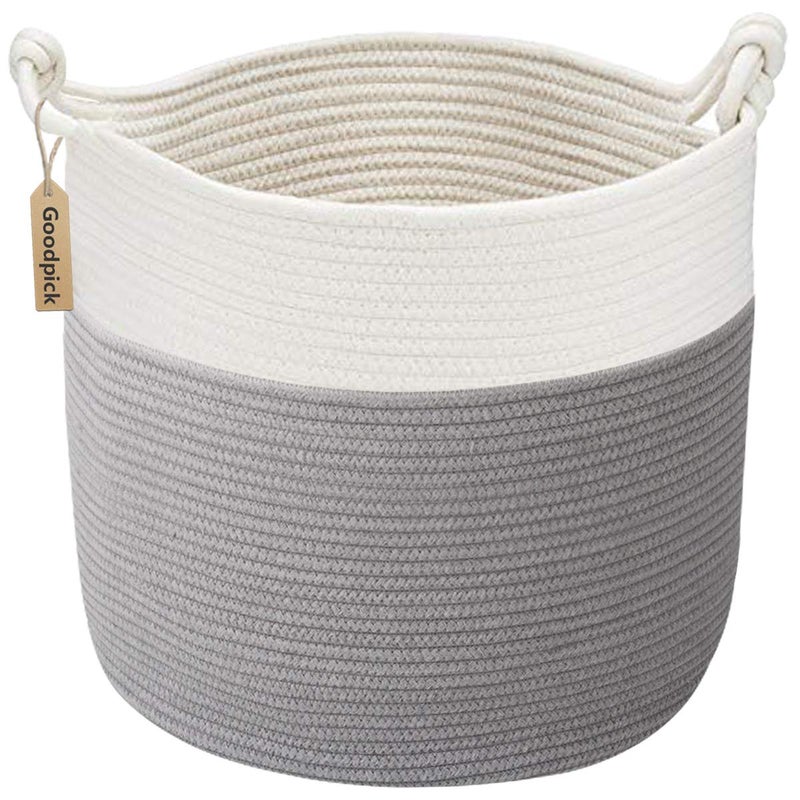Goodpick Cotton Rope Storage Basket, 15 x 14.2 Inches Baby Laundry Baskets for Clothes, Toy Storage Blanket Basket With Handles for Living Room, Small Woven Baskets for Organizing Home DÃ©cor, Grey - Image 1