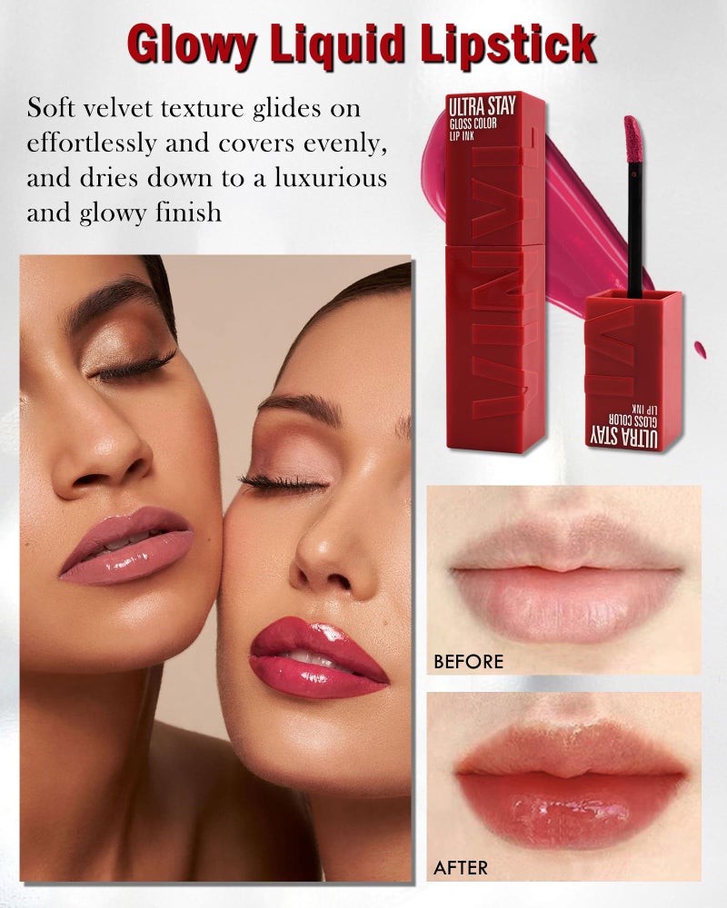 LYSdefeu Liquid Lipstick,Nude Brown Shine Vinyl Lipstick Ink Lipgloss,Hydrating Tinted Lip Gloss,High Pigmented Lip Color,Longlasting Waterproof Lip Tint Stain,Christmas Makeup Gift for Women Girl-01 - Image 5