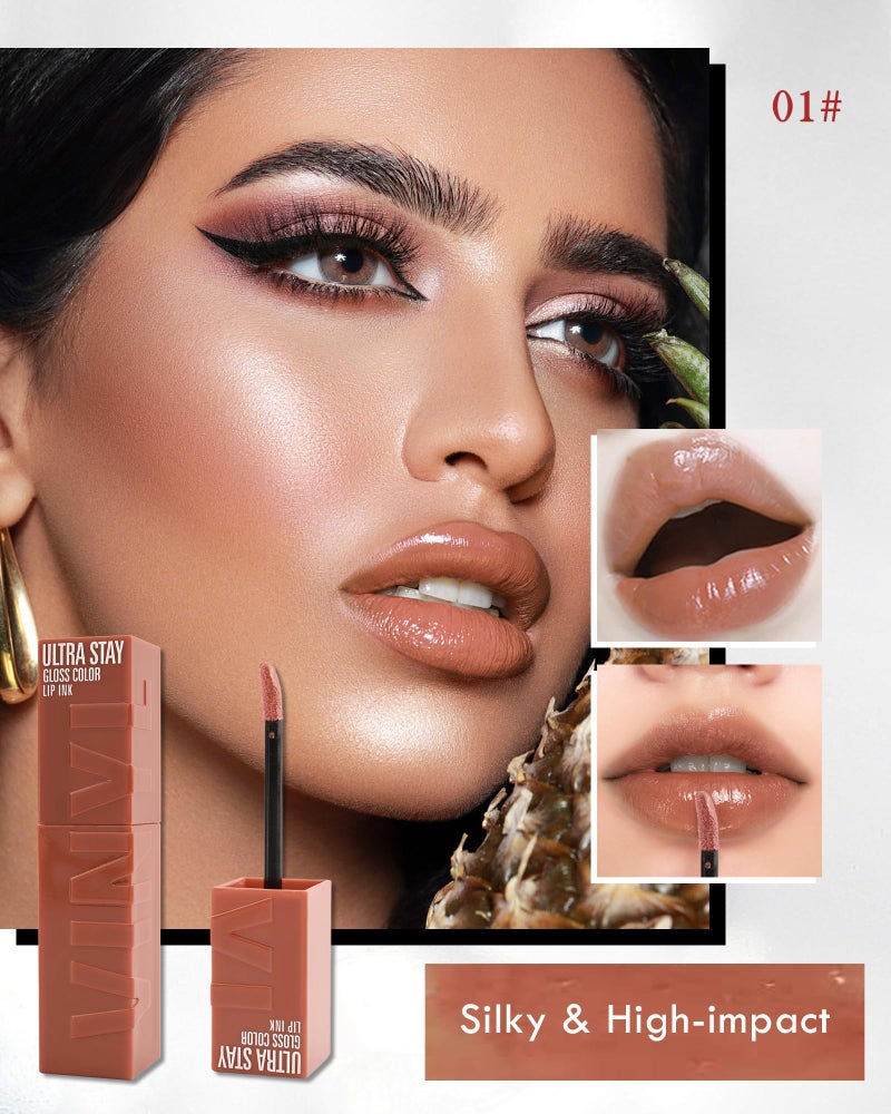 LYSdefeu Liquid Lipstick,Nude Brown Shine Vinyl Lipstick Ink Lipgloss,Hydrating Tinted Lip Gloss,High Pigmented Lip Color,Longlasting Waterproof Lip Tint Stain,Christmas Makeup Gift for Women Girl-01 - Image 2