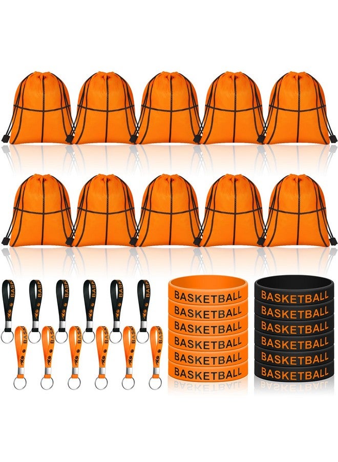 Lothee 34 Pack Basketball Party Favors Includes 10 Basketball Drawstring Bags 12 Basketball Silicone Rubber Bracelets Wristbands and 12 Keychain Award Medals for Party Supply - Image 1