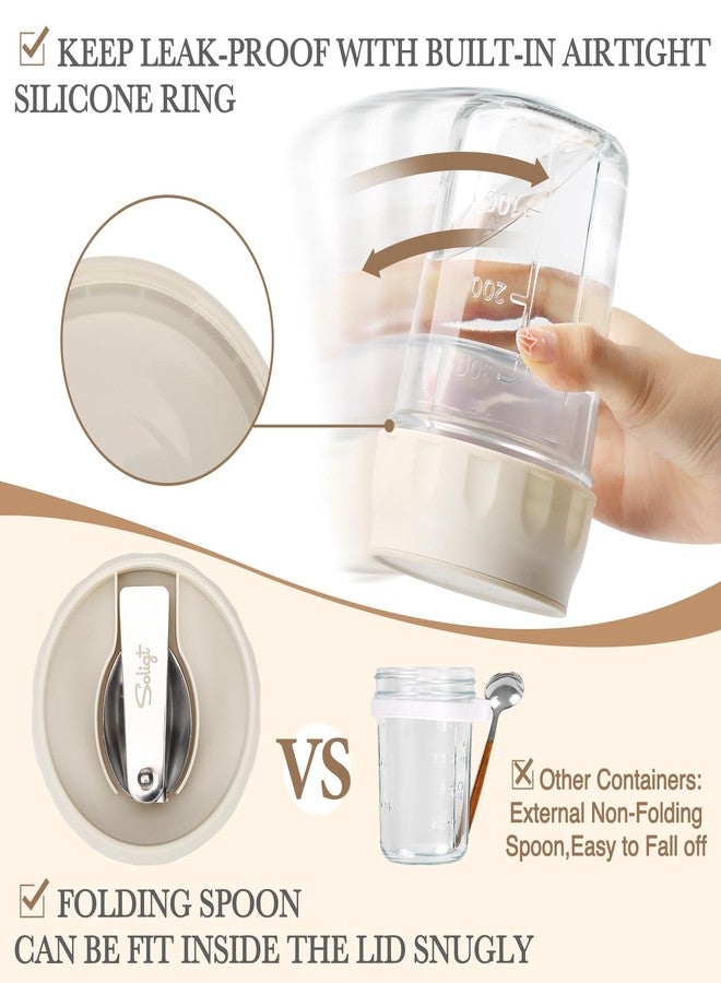 SOLIGT Overnight Oats Containers with Lids, Folding Spoons and Divided Compartment for Fruit & Nuts, Small Glass 16oz Mason Jars for Oatmeal Yogurt Parfait (2 Set-Smoke Gray/Oat White) - Image 4