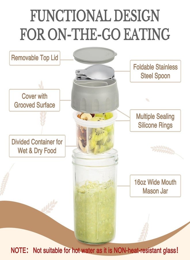 SOLIGT Overnight Oats Containers with Lids, Folding Spoons and Divided Compartment for Fruit & Nuts, Small Glass 16oz Mason Jars for Oatmeal Yogurt Parfait (2 Set-Smoke Gray/Oat White) - Image 3