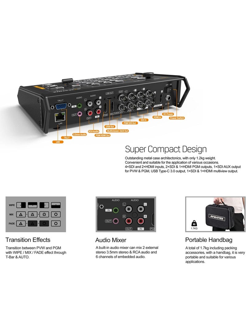 AVMATRIX VS0601U Portable Uncompressed AV Switcher – 6-Channel 4x SDI & 2x HDMI, USB-C Streaming, Multiview Monitoring, PIP & Audio Mixing, For Live Events & Video Production - Image 5