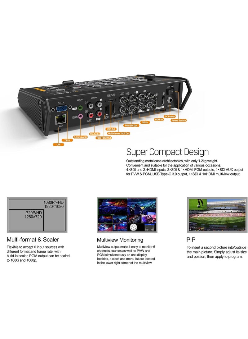 AVMATRIX VS0601U Portable Uncompressed AV Switcher – 6-Channel 4x SDI & 2x HDMI, USB-C Streaming, Multiview Monitoring, PIP & Audio Mixing, For Live Events & Video Production - Image 4