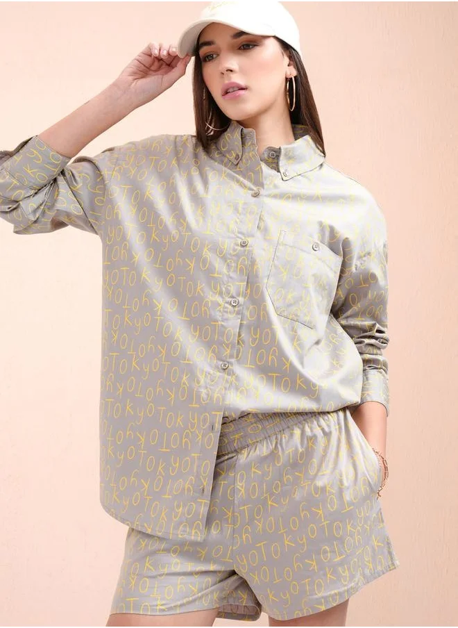 Tokyo Talkies All-Over Print Collared Shirt with Mid Rise Shorts Co-Ords