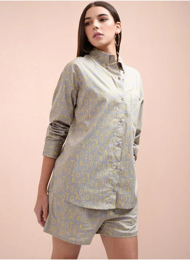 Tokyo Talkies All-Over Print Collared Shirt with Mid Rise Shorts Co-Ords by Styli