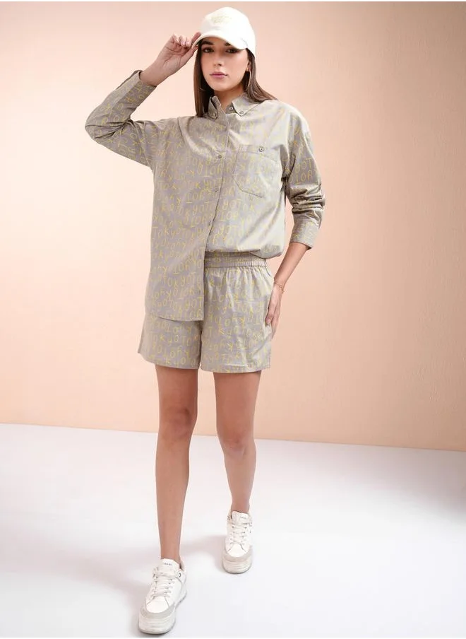 طوكيو توكيز All-Over Print Collared Shirt with Mid Rise Shorts Co-Ords