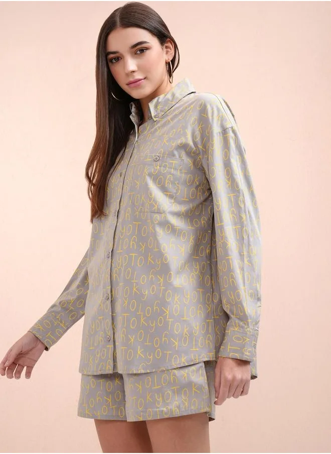 Tokyo Talkies All-Over Print Collared Shirt with Mid Rise Shorts Co-Ords by Styli