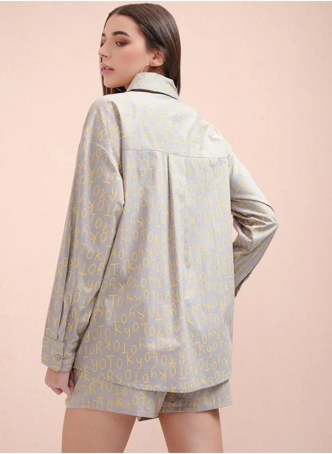 Tokyo Talkies All-Over Print Collared Shirt with Mid Rise Shorts Co-Ords by Styli