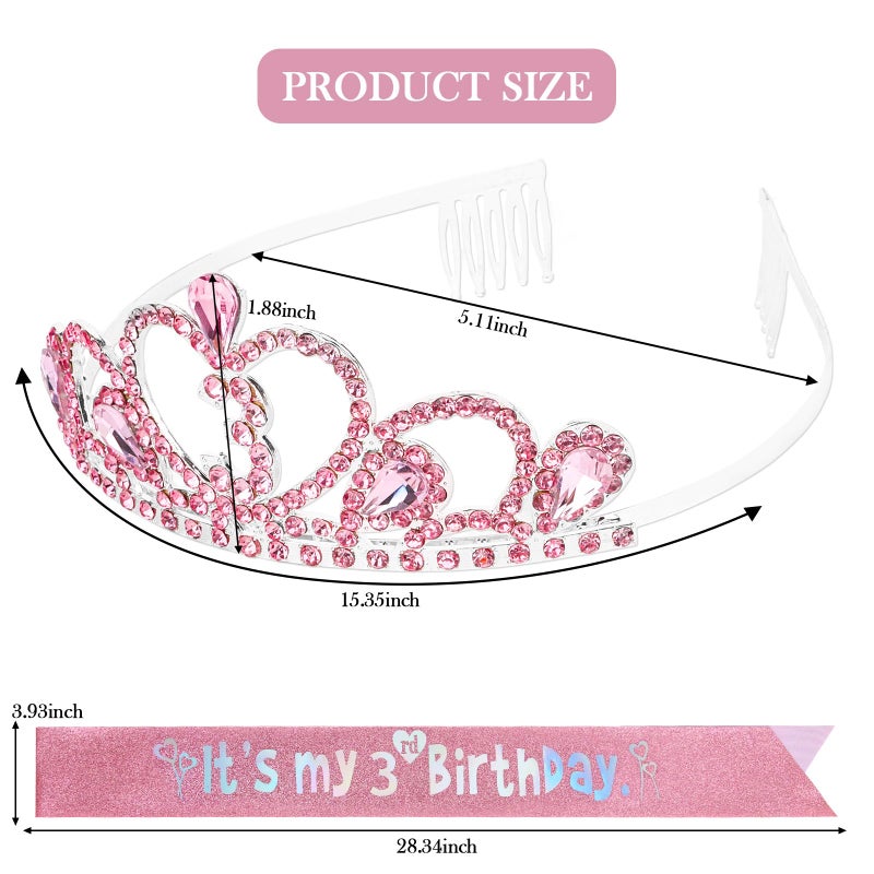 CIEHER 3rd Birthday Decorations for Girls - 3rd Birthday Crown and Sash with Pearl Pin Set - Pink - Image 4