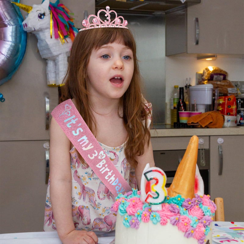 CIEHER 3rd Birthday Decorations for Girls - 3rd Birthday Crown and Sash with Pearl Pin Set - Pink - Image 3