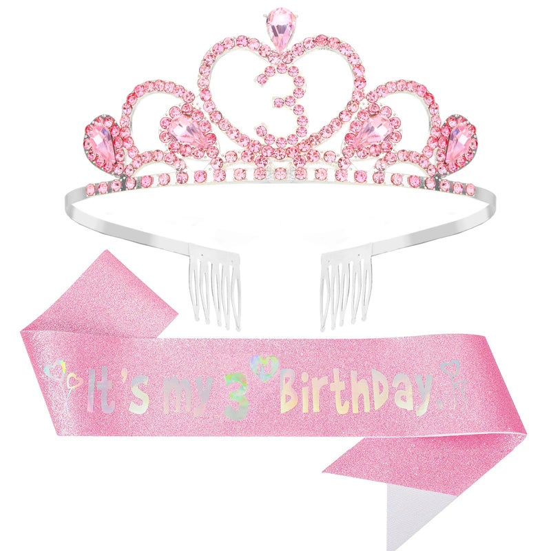 CIEHER 3rd Birthday Decorations for Girls - 3rd Birthday Crown and Sash with Pearl Pin Set - Pink - Image 1