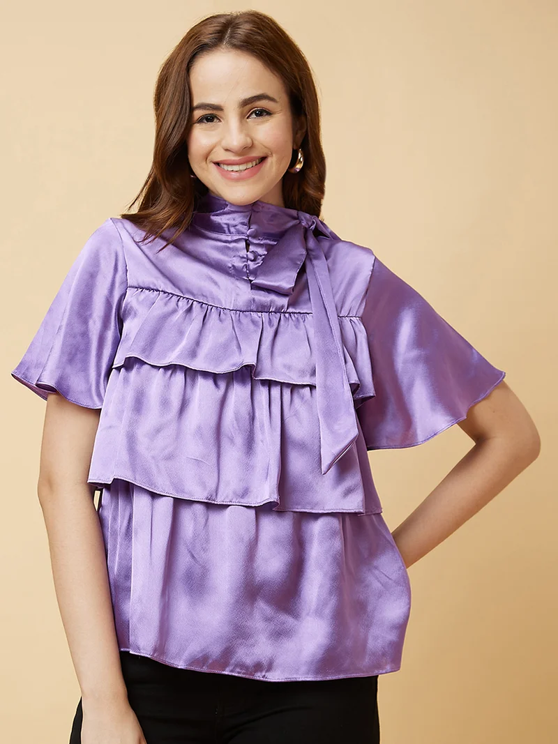 globus Women Flared Sleeves Layered Satin Top