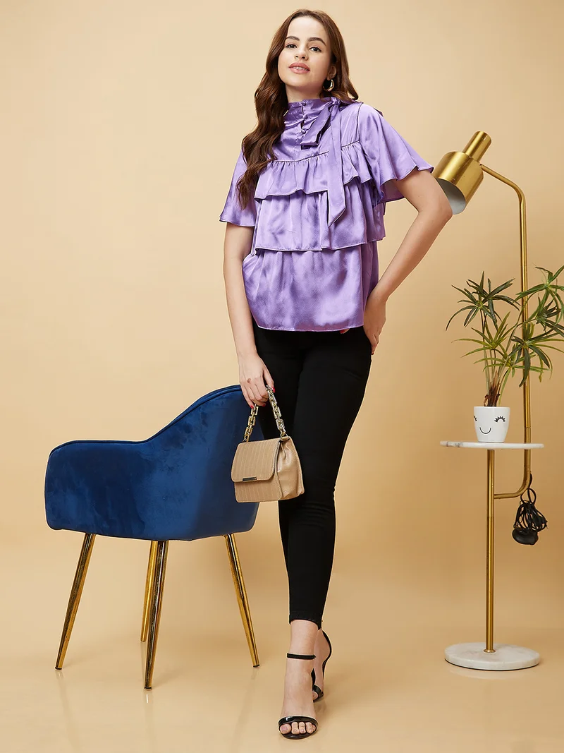 globus Women Flared Sleeves Layered Satin Top