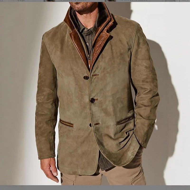 Men's Retro Casual Jacket Lapel Workwear Patchwork Top - Image 2