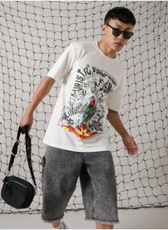 Men's White 100% Cotton Printed Relaxed Fit T-Shirt