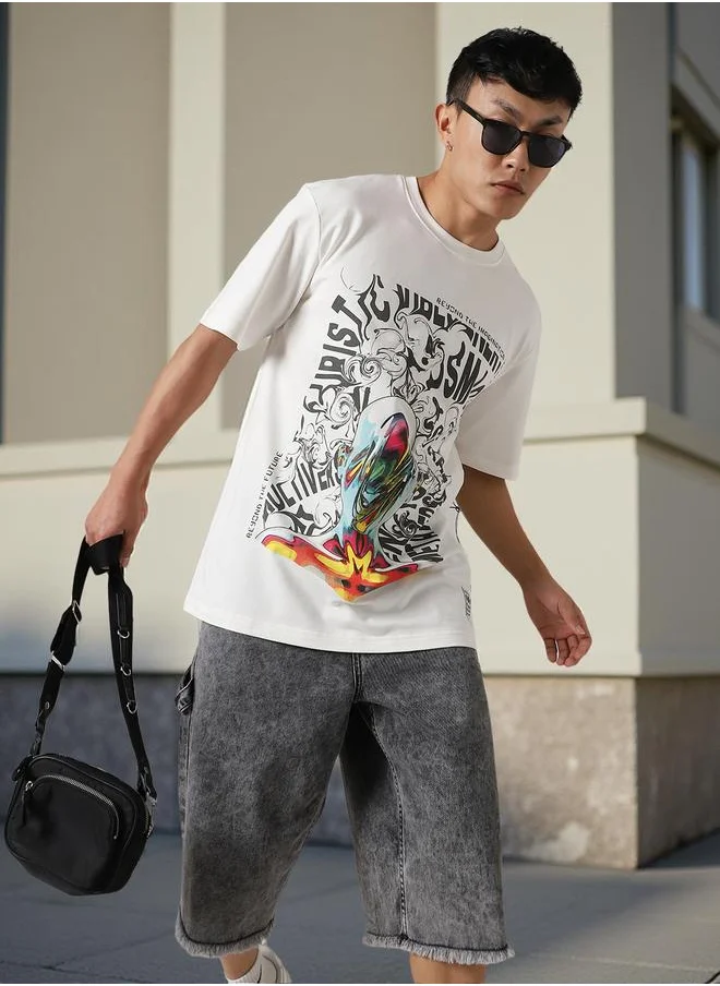 هوبرهولمي Men Futuristic Printed Oversized Fit T-Shirt