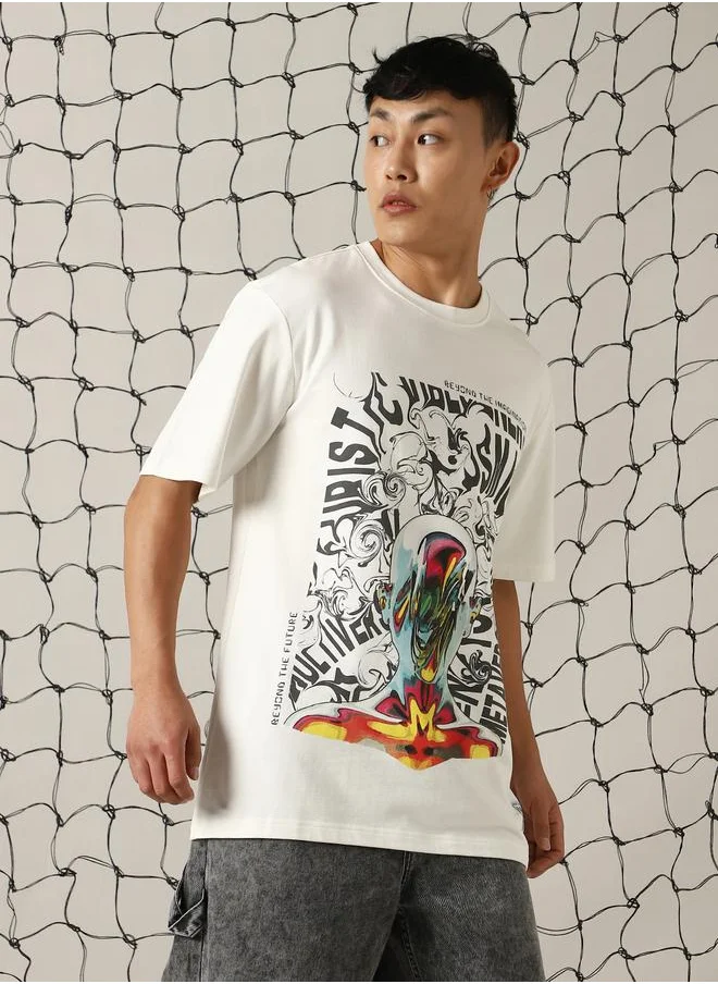 هوبرهولمي Men Futuristic Printed Oversized Fit T-Shirt