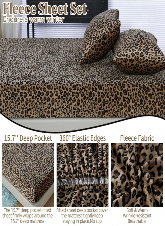ماج طقم ملاءات سرير كاملة الحجم من الصوف بنقشة جلد الفهد مكون من 3 قطع، طقم سرير كامل الحجم من الألياف الدقيقة بنقشة الفهد البني، رومانسي ودافئ وناعم للغاية للنساء والرجال، مع ملاءة واحدة مثبتة + 2 غطاء وسادة. - Image 3