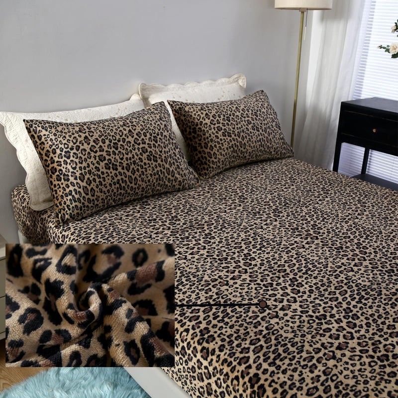 ماج طقم ملاءات سرير كاملة الحجم من الصوف بنقشة جلد الفهد مكون من 3 قطع، طقم سرير كامل الحجم من الألياف الدقيقة بنقشة الفهد البني، رومانسي ودافئ وناعم للغاية للنساء والرجال، مع ملاءة واحدة مثبتة + 2 غطاء وسادة. - Image 1