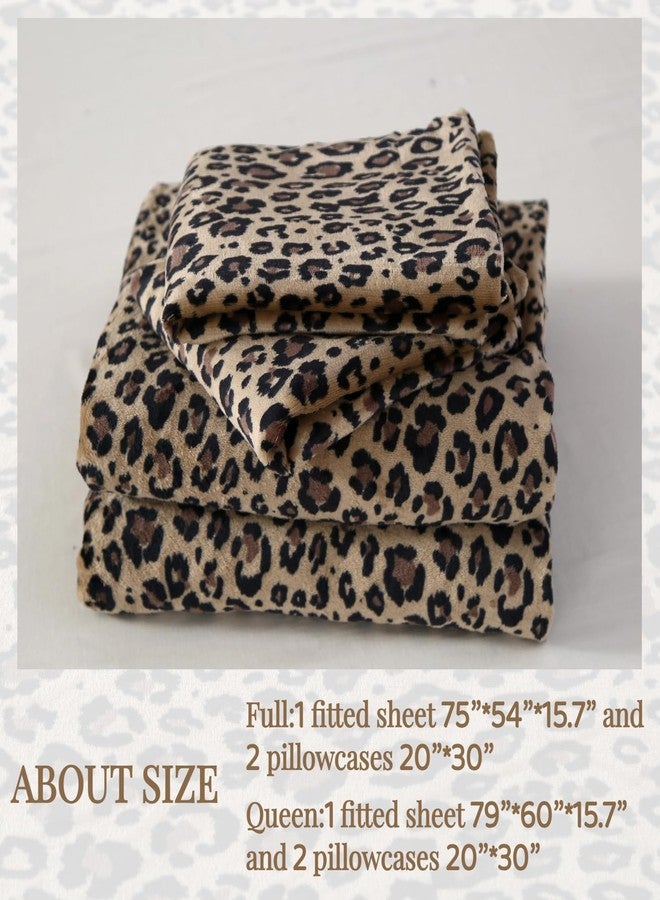 ماج طقم ملاءات سرير كاملة الحجم من الصوف بنقشة جلد الفهد مكون من 3 قطع، طقم سرير كامل الحجم من الألياف الدقيقة بنقشة الفهد البني، رومانسي ودافئ وناعم للغاية للنساء والرجال، مع ملاءة واحدة مثبتة + 2 غطاء وسادة. - Image 4