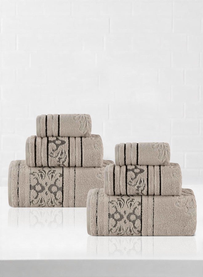 Superior Cotton 6 Piece Towel Set, 2 Bath, 2 Hand, 2 Washcloth/Face Towels, Quick Dry, Home Essentials, Shower, Spa, Luxury Plush Soft Absorbent Towels, Zero-Twist, Jacquard Floral, Stone - Image 1