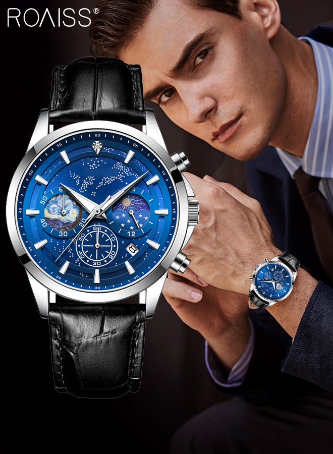 roaiss Leather Strap Chronograph Quartz Watch for Men Round Blue Luminous Starry Sky Dial Waterproof Wristwatch with Moon Phase and Calendar Display as Gift for Male - Image 2