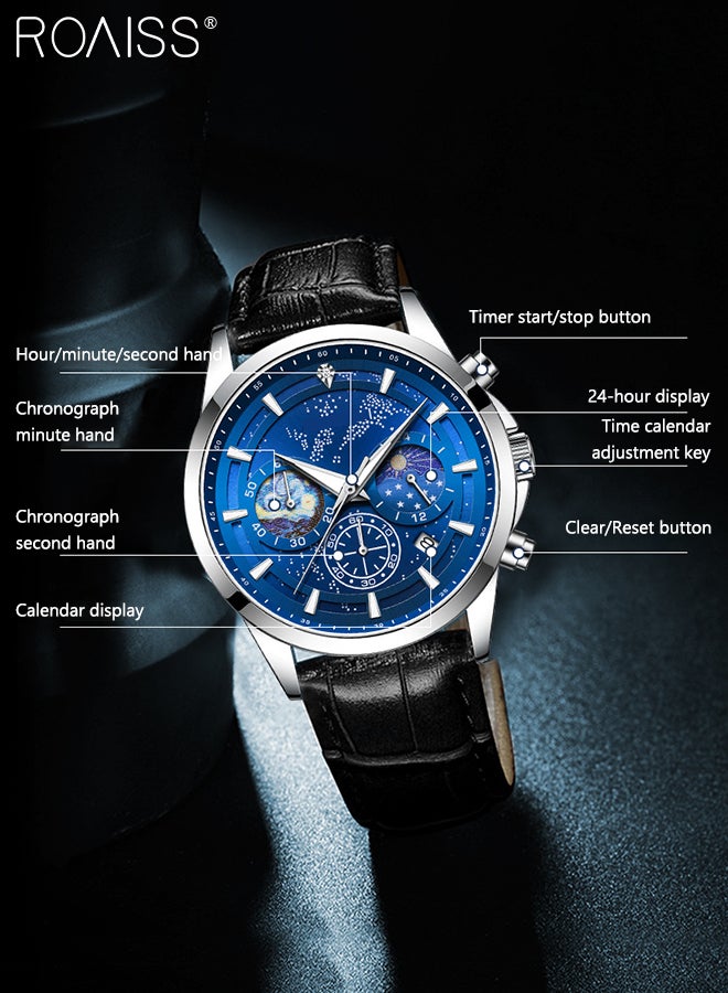roaiss Leather Strap Chronograph Quartz Watch for Men Round Blue Luminous Starry Sky Dial Waterproof Wristwatch with Moon Phase and Calendar Display as Gift for Male - Image 5
