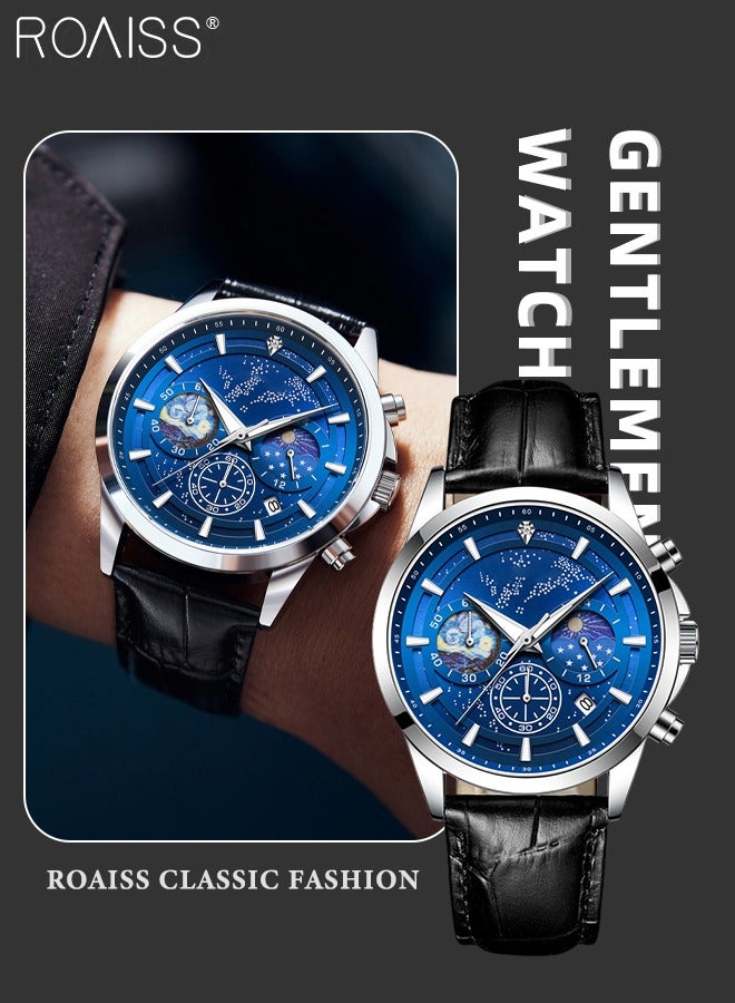 roaiss Leather Strap Chronograph Quartz Watch for Men Round Blue Luminous Starry Sky Dial Waterproof Wristwatch with Moon Phase and Calendar Display as Gift for Male - Image 1