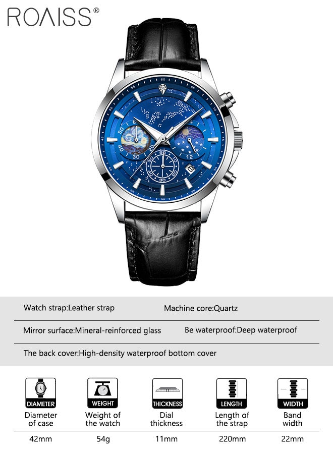 roaiss Leather Strap Chronograph Quartz Watch for Men Round Blue Luminous Starry Sky Dial Waterproof Wristwatch with Moon Phase and Calendar Display as Gift for Male - Image 4