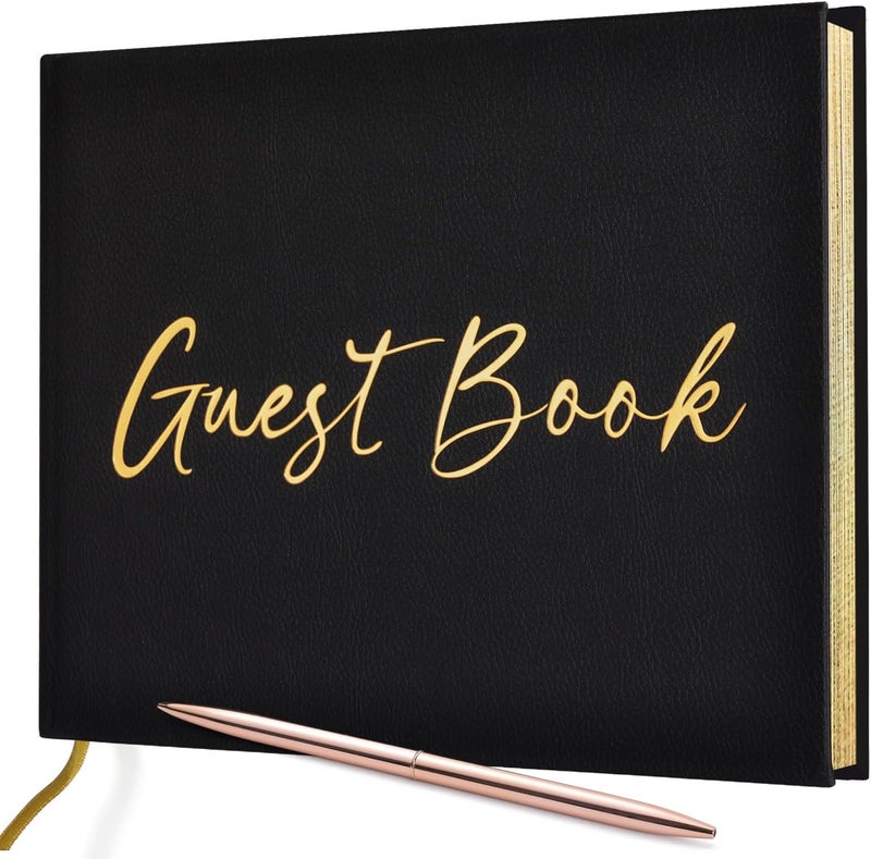 JUBTIC Black Guest Book for Funeral, Guest Sign in Book for Reception,Wedding,Baby Shower, Birthday, Bridal Shower, Graduation Party,100 Pages with Gilded Edges and Gold Foiled Cover - 7x10″ - Image 1
