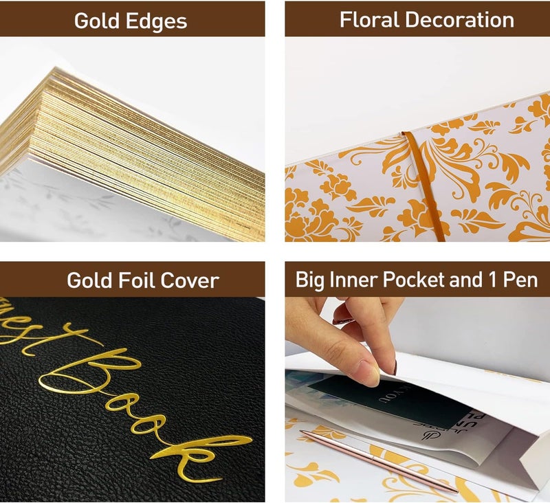JUBTIC Black Guest Book for Funeral, Guest Sign in Book for Reception,Wedding,Baby Shower, Birthday, Bridal Shower, Graduation Party,100 Pages with Gilded Edges and Gold Foiled Cover - 7x10″ - Image 3