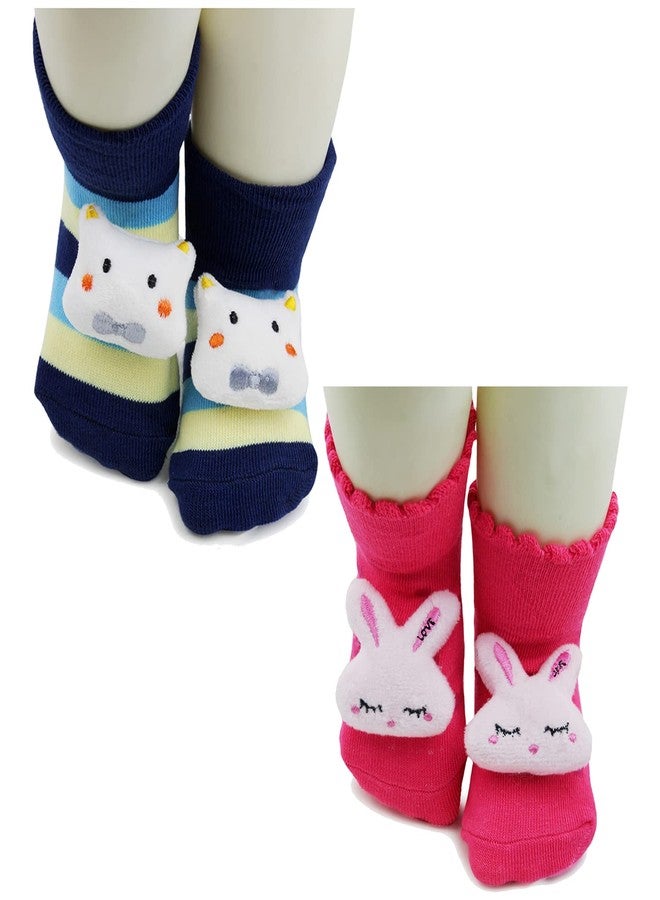 Neska Moda Baby Boys & Girls Anti Slip 2 Pair Cotton Cat and Rabbit Face Ankle Socks/Booties For 3 to 12 Months - Anti Skid Socks with Grippers (Dark Blue, White, Pink) -SK898andSK904 - Image 3