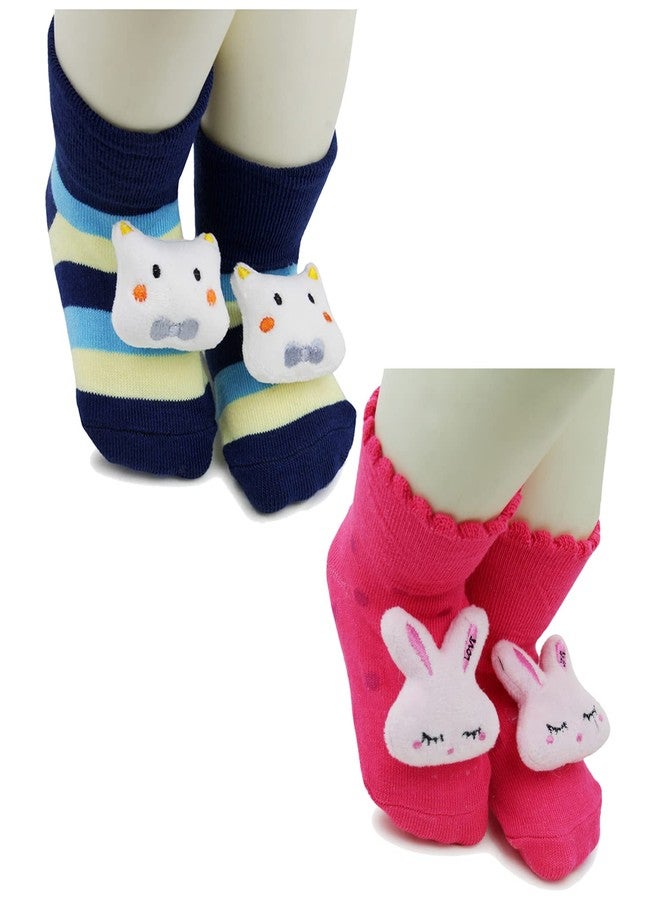 Neska Moda Baby Boys & Girls Anti Slip 2 Pair Cotton Cat and Rabbit Face Ankle Socks/Booties For 3 to 12 Months - Anti Skid Socks with Grippers (Dark Blue, White, Pink) -SK898andSK904 - Image 2