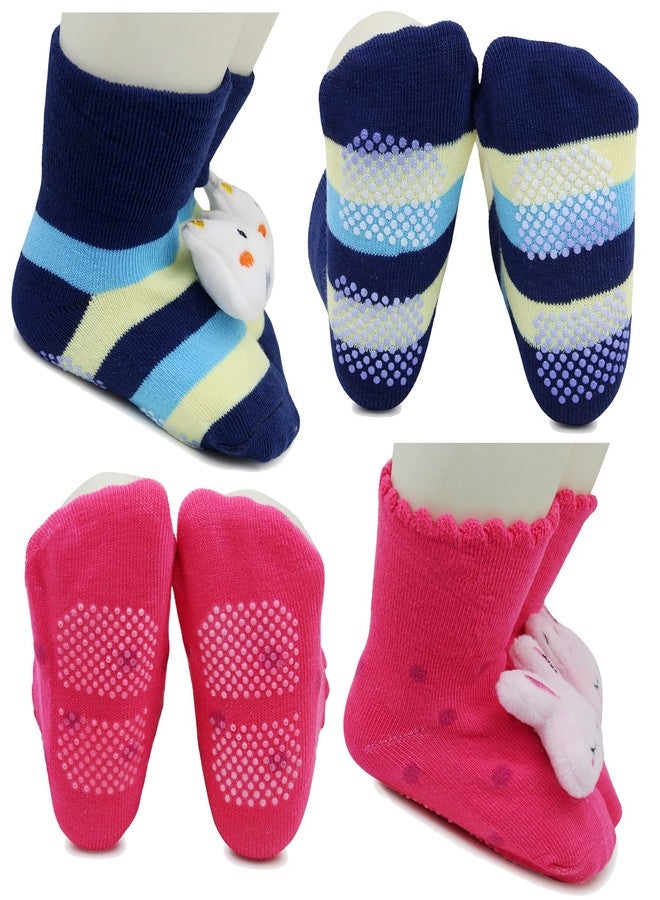 Neska Moda Baby Boys & Girls Anti Slip 2 Pair Cotton Cat and Rabbit Face Ankle Socks/Booties For 3 to 12 Months - Anti Skid Socks with Grippers (Dark Blue, White, Pink) -SK898andSK904 - Image 4